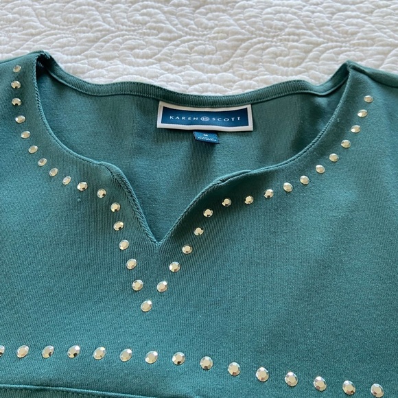 Karen Scott Tunic Top Split Neck with Studs 3/4 Sleeve Side Slits Teal Size M - Picture 6 of 11
